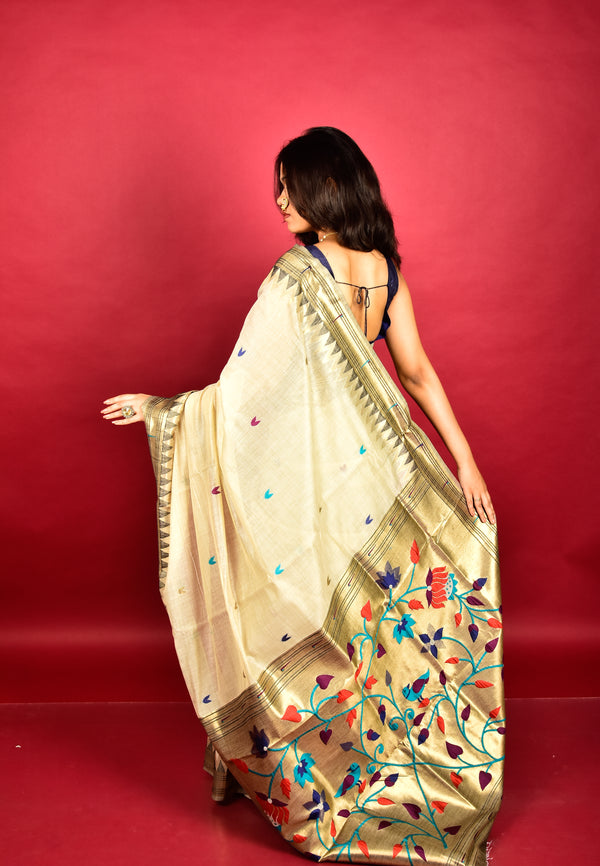 Kadambari Beige Cotton Paithani Saree