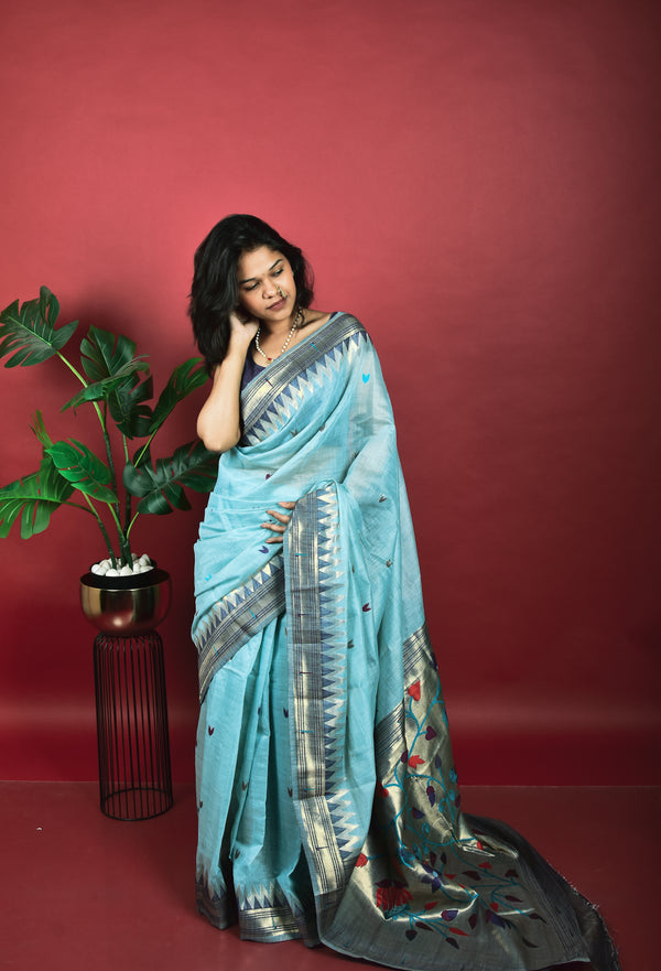 Kadambari Ice Blue Cotton Paithani Saree