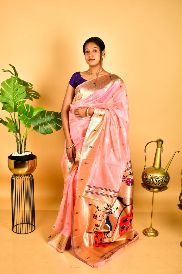 Organza Baby Pink Paithani Saree