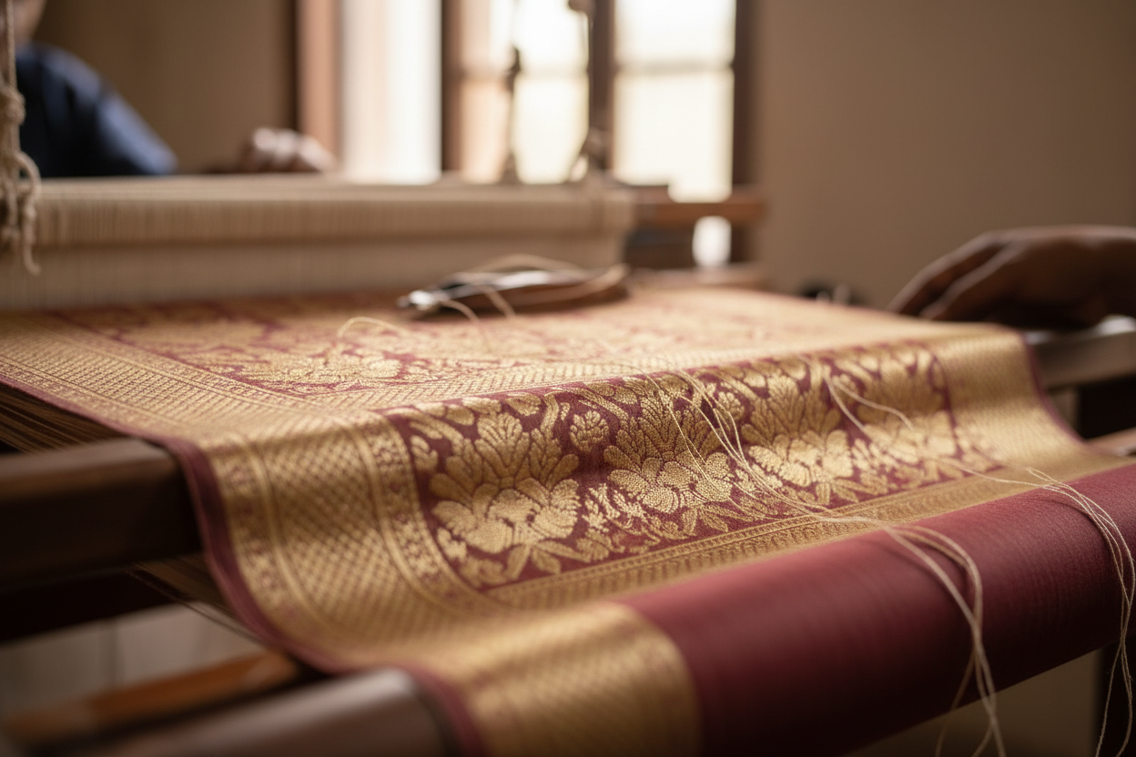 Create an editorial, heritage-inspired image for a luxury Indian fashion brand.

Scene & Subject:
A close-up, intimate view of Paithani craftsmanship — showcasing handwoven silk fabric, traditional motifs, or a loom in action. The focus should be on texture, weave, and detailing rather than faces.

Mood & Emotion:
Calm, warm, timeless, and soulful.
The image should feel slow, intentional, and rooted in tradition — evoking heritage and craftsmanship.

Color Palette:
Dominant tones of warm cream, soft maroon,